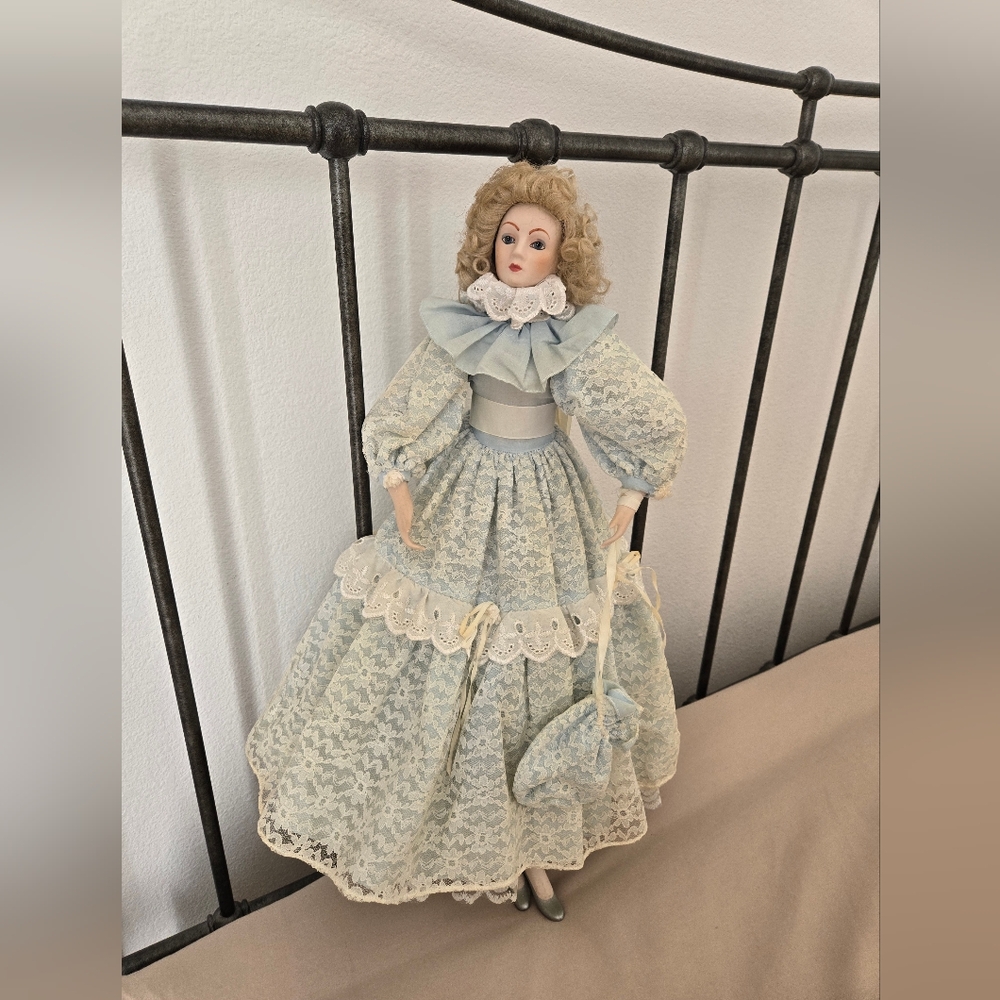 Vintage Pale Blue Lace Porcelain Doll